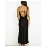 Mogidol Summer Satin Spaghetti Strap Cowl Neck Backless Midi Dresses for Women Elegant Tie Low Back Ruched Cocktail Dress Black