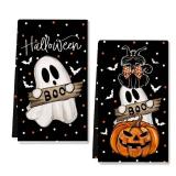 ARKENY Pumpkin Ghost Halloween Kitchen Towels Set of 2,Black Bat Cat Boo Dish Towels 18x26 Inch,Farmhouse Home Indoor Vintage Party Decoration AD395