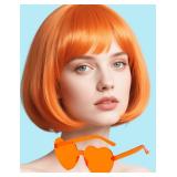 FSLLZCJY Orange Bob Wig with Heart Sunglasses - Heat-Resistant, Synthetic Fiber, Adjustable and Natural Looking