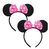 CHuangQi Mouse Ears Headband 2pcs, Solid Black and Pink Bow with Polka Dot, Party Favors