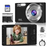 Digital Camera, FHD 4K 44MP Digital Camera, 16X Digital Zoom, Digital Point and Shoot Camera with 3-LED Fill Lights, 64GB SD Card, Compact Camera for Kids Teen Boys Girls, Black