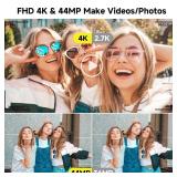 Digital Camera, FHD 4K 44MP Digital Camera, 16X Digital Zoom, Digital Point and Shoot Camera with 3-LED Fill Lights, 64GB SD Card, Compact Camera for Kids Teen Boys Girls, Black