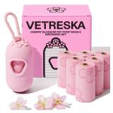 VETRESKA Dog Poop Bag Dispenser with Cherry Blossom Scented Poop Bags, Leak Proof and Extra Thick Pet Waste Bags, 1 Poop Bag Holder and 105 Bags for Dog Walking and Cats Litter, Pink