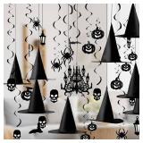 JOYIN 6pcs Hanging Witch Hats Halloween Decorations Indoor 21pcs Swirl Halloween Porch Decor Black, Wall Decorations for Home Yard Porch Ceiling Ornaments Bat Spider Pumpkin Skull Ceiling Streamers