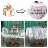Fhberni Clear Plastic Round Tablecloth Waterproof Vinyl PVC Tablecloth Embroidered Lace Edge Transparent Table Cover for Kitchen Outdoor and Indoor Uses-Round 43 inch, 2 Floral