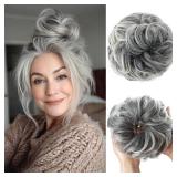 CJL HAIR Large Messy Bun Hair Piece Wavy Curly Scrunchies Synthetic Chignon Ponytail Hair Extensions Thick Updo Hairpieces for Women Salt and Pepper