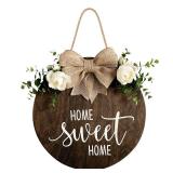 Home Sweet Home Farmhouse Welcome Sign, Round Wood Hanging Door Decor with Ribbon Bow and Faux Greenery, Rustic Porch Wreath for Thanksgiving, Christmas, Brown Front Door Hanger