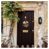 Home Sweet Home Farmhouse Welcome Sign, Round Wood Hanging Door Decor with Ribbon Bow and Faux Greenery, Rustic Porch Wreath for Thanksgiving, Christmas, Brown Front Door Hanger