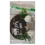 Home Sweet Home Farmhouse Welcome Sign, Round Wood Hanging Door Decor with Ribbon Bow and Faux Greenery, Rustic Porch Wreath for Thanksgiving, Christmas, Brown Front Door Hanger