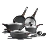 SENSARTE Pots and Pans Set Non stick, Non toxic Healthy Induction Cookware Sets, 14 Pcs Non Stick Kitchen Cooking Set with Frying Pans Set and Saucepan, PFOA PFOS Free, Black