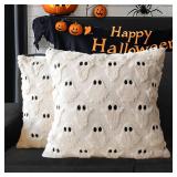 4TH Emotion Halloween Ghost Decorative Pillow Covers 18x18 Set of 2, Beige Soft Plush Faux Fur Farmhouse Throw Cushion Cases for Fall Holiday Home Decorations