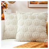 OTOSTAR Fall Throw Pillow Covers 24x24 Inch Set of 2 Pumpkin Autumn Harvest Decorations Pillowcases Soft Plush Faux Fur Wool Couch Cushion Covers for Home Bed Decor Thanksgiving Gifts (Cream Beige)
