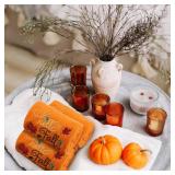 Fanfanwin 3 Pcs Thanksgiving Hand Towels for Bathroom 13.8 x 29.5 Inch Fall Decorative Bath Towels Sets 100percent Cotton Embroidered Pumpkin Autumn Maple Bathroom Decor(Orange,Hello Fall)