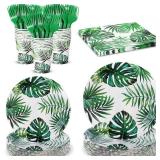 Havawish 120 Pcs Hawaiian Party Decorations Supplies Tropical Palm Leaves Tableware Set for 24 Guests Luau Party Plates Napkins Cups Forks for Summer Safari Jungle Birthday Party Decorations