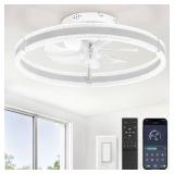 LEDIARY Ceiling Fans with Lights and Remote, 20ftft Low Profile Ceiling Fan with Light, 3000-6000K Dimmable Fandelier Ceiling Fans, Modern Flush Mount Fan Light for Bedroom with 6 Wind Speeds- White