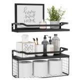 WOPITUES Floating Shelves with Wire Storage Basket, Bathroom Shelves Over Toilet with Protective Metal Guardrail, Wood Wall Shelves for Bathroom, Bedroom, Living Room, Toilet Paper-Black