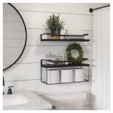 WOPITUES Floating Shelves with Wire Storage Basket, Bathroom Shelves Over Toilet with Protective Metal Guardrail, Wood Wall Shelves for Bathroom, Bedroom, Living Room, Toilet Paper-Black