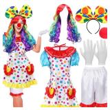 Handepo 6 Pcs Clown Costume Set Women Circus Dress Rainbow Clown Wig Headband Nose Shorts Gloves for Halloween cosplay(Medium)