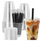 lucdnc 25 Sets - 16oz Disposable Clear Plastic Cups with Lids and Smoothies Straws Party Drinking Cups for Milkshakes,Cold Coffee