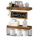 QEEIG ?Bathroom Shelves Over Toilet - Paper Storage Wall Mounted Farmhouse Decor Decorations Aesthetic Décor Sign Small Floating Wall Shelf 21 Set 16 inch Sweet Cheeks, Rustic Brown (020BN-SC)