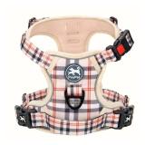 PoyPet Plaid Dog Harness, No Pull Front Clip Pet Vest Harness, Soft Padded Reflective Adjustable Walking Harness with Handle for Medium Dogs(Checkered Beige,M)
