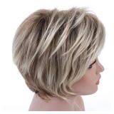 Rosa Star Short Wig Ombre Brown Mixed Blonde Hair Wigs Natural Curly with Bangs Synthetic Hair Fibers Heat Resistant Full Wig for Women