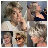 Rosa Star Short Wig Ombre Brown Mixed Blonde Hair Wigs Natural Curly with Bangs Synthetic Hair Fibers Heat Resistant Full Wig for Women