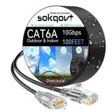 Cat6a Ethernet Cable Slim 100ft OutdoorandIndoor, 28AWG Pure Copper Cat6 Internet Cable for Waterproof and Direct Burial, Flexible Cat6 Ethernet Cable 10G 550MHZ, Cat 6 Network cable for Indoor Black