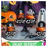 Domensi 100 Pcs Halloween Ghost Cupcake Wrappers Cupcake Liners Ghost Baking Cups Baking Liners for Wedding Bridal Baby Shower Birthday Halloween Party Supplies Dessert Decoration