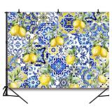 DULUDA 7x5 FT Blue Tiles Lemon Backdrop Summer Fruit Baby Shower Birthday Wall Paper Dessert Table Cloth Photography Background Italian Tiles Party Decorations Banner Photo Booth Props