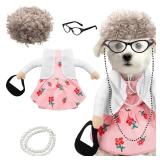Talltalk 4 Pcs Old Lady Dogs Costume Set Halloween Grandma Dogs Costume Set with Pink Floral Dress Wig Glasses Necklace for Dress up(M)