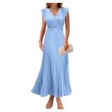 KIRUNDO Womenfts Summer Maxi Dresses Elegant V Neck Ruffle Flutter Sleeves Empire Waist Pleated Flowy Wedding Guest Dress (Light Blue, Small)