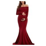 Glampunch Off Shoulders Maternity Dress Long Sleeve Ruched Maternity Gown Baby Shower Photography Pregnant Dress Wine Red size large