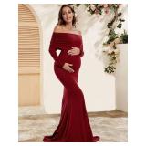 Glampunch Off Shoulders Maternity Dress Long Sleeve Ruched Maternity Gown Baby Shower Photography Pregnant Dress Wine Red size large
