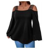OYOANGLE Womenfts Plus Size Strappy Cold Shoulder Long Sleeve Solid Casual Blouse Top Black 4XL