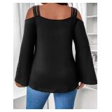 OYOANGLE Womenfts Plus Size Strappy Cold Shoulder Long Sleeve Solid Casual Blouse Top Black 4XL