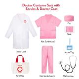 Meland Doctor Costume for Girls - Kids Scrubs with Lab Coat & Carry Bag, Doctor Dress Up for Halloween, Career Day Role Play(Pink,5-6 Years)