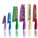 MDHAND Knife Set, 12PCS Kitchen Knife Set with 6 Knife Sheath and Gift Box, Stainless Steel Colorful Knives Set With Nonstick Ceramic Coating, Rustproof, Exquisite Pattern Design, Dishwasher Safe