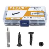 100PCS #6 x 5/8 Black Wood Screws, Flat Head Stainless Steel Sheet Metal Screws, Fast Self Tapping Screws for Deck Drywall Concrete Screws with Screwdriver Bit