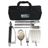 Grill Daddy BBQ Tailgate Grill Accessories Set 6 Piece Full Size Barbeque Set Spatula Tongs Fork Spoon and Multitool Comes in Nice Carrying Case Great Gift Easy Storage