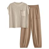 LILLUSORY Two 2 Piece Sets Womens 2026 Spring Summer Matching Lounge Sweatsuits Sweat Suits Trendy Travel Beach Vacation Fashion Resort Wear Outfits Knit Loungewear Clothes Clothing Light Khaki XL PAN