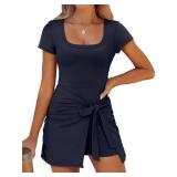 Caracilia Women Summer Short Sleeve Square Neck Bodycon Tie Cinched Waist Romper Mini Dress Athletic Night Out Vacation Dress Navy Blue Small