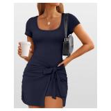 Caracilia Women Summer Short Sleeve Square Neck Bodycon Tie Cinched Waist Romper Mini Dress Athletic Night Out Vacation Dress Navy Blue Small
