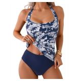 Eomenie Womens Halter Tankini Bathing Suit Ruched Tummy Control Two Piece Swimsuit with Bottom Large