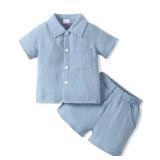 Renotemy 2T 3T Summer Outfits Cotton Linen Short Sleeve Shirt Toddler Clothes for Boys Blue