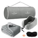 urnexttour Travel Pillow and Blanket Set Neck Pillows Travel Essentials with Sleep Mask for Airplane Car Memory Foam Grey