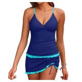 Daci Navy and Blue Women Tankini Swimsuits with Skirt - Two Piece Tummy Control Skirted 2PC Bathing Suits Swimwear M
