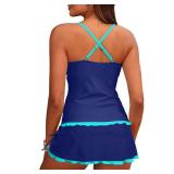 Daci Navy and Blue Women Tankini Swimsuits with Skirt - Two Piece Tummy Control Skirted 2PC Bathing Suits Swimwear M