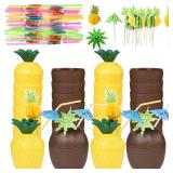 Haundry 18 Coconut Pineapple Cups with 18 Straws, 18 Cocktail Drink Picks, Hawaiian Luau Tiki and Beach Theme Party Decorations for Kids and Adults