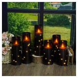 Eebuss Flameless Candles with Embedded Star String, Battery Operated LED Pillar Candles with Timer and Remote Control,Home Decorating for Ambiance Set of 7(Black)